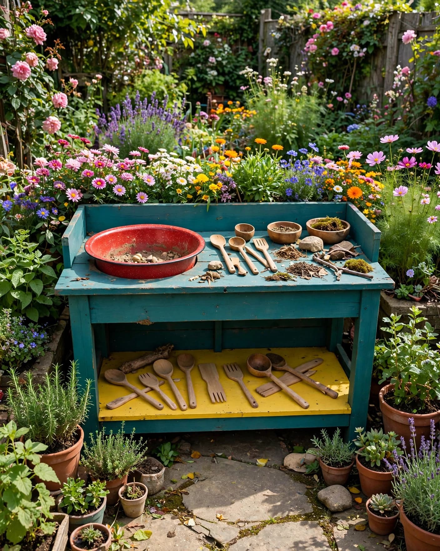 Colorful outdoor mud kitchen with a teal counter, yellow shelf, and red basin.