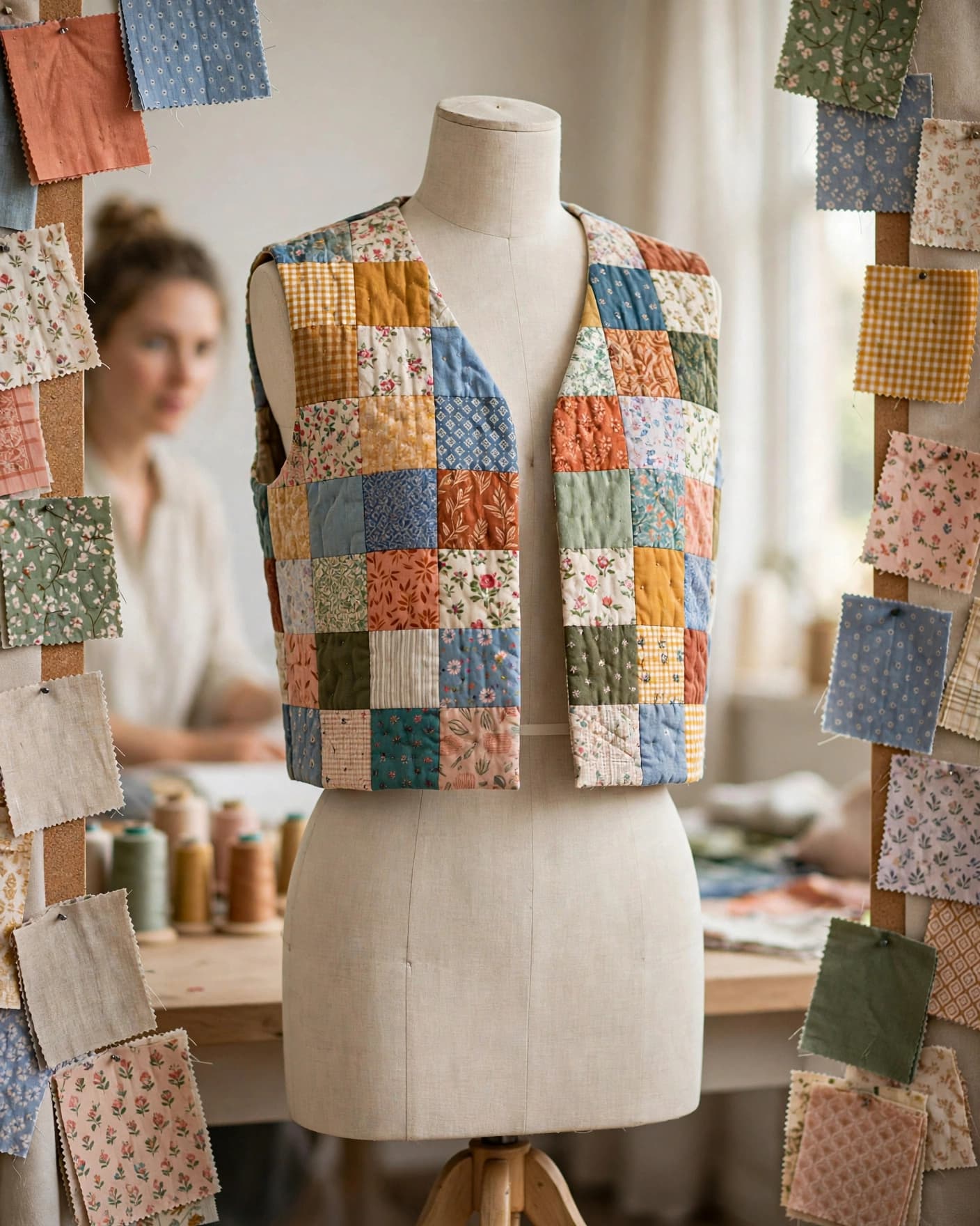 A colorful patchwork vest on a dress form beside fabric swatches.