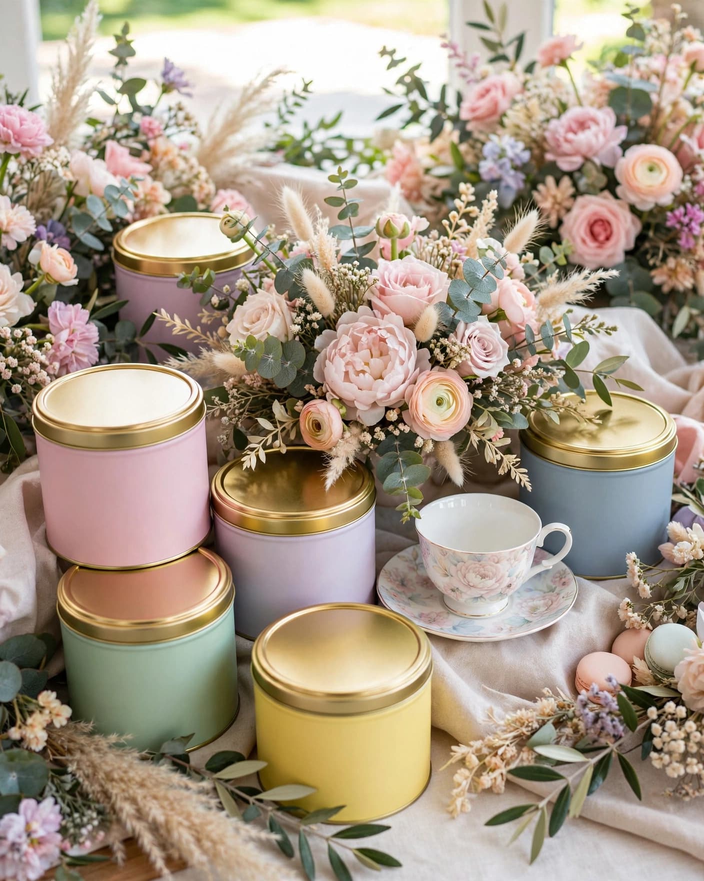 Colorful tea tins, a teacup, and pastel flowers arranged as a baby shower prize.
