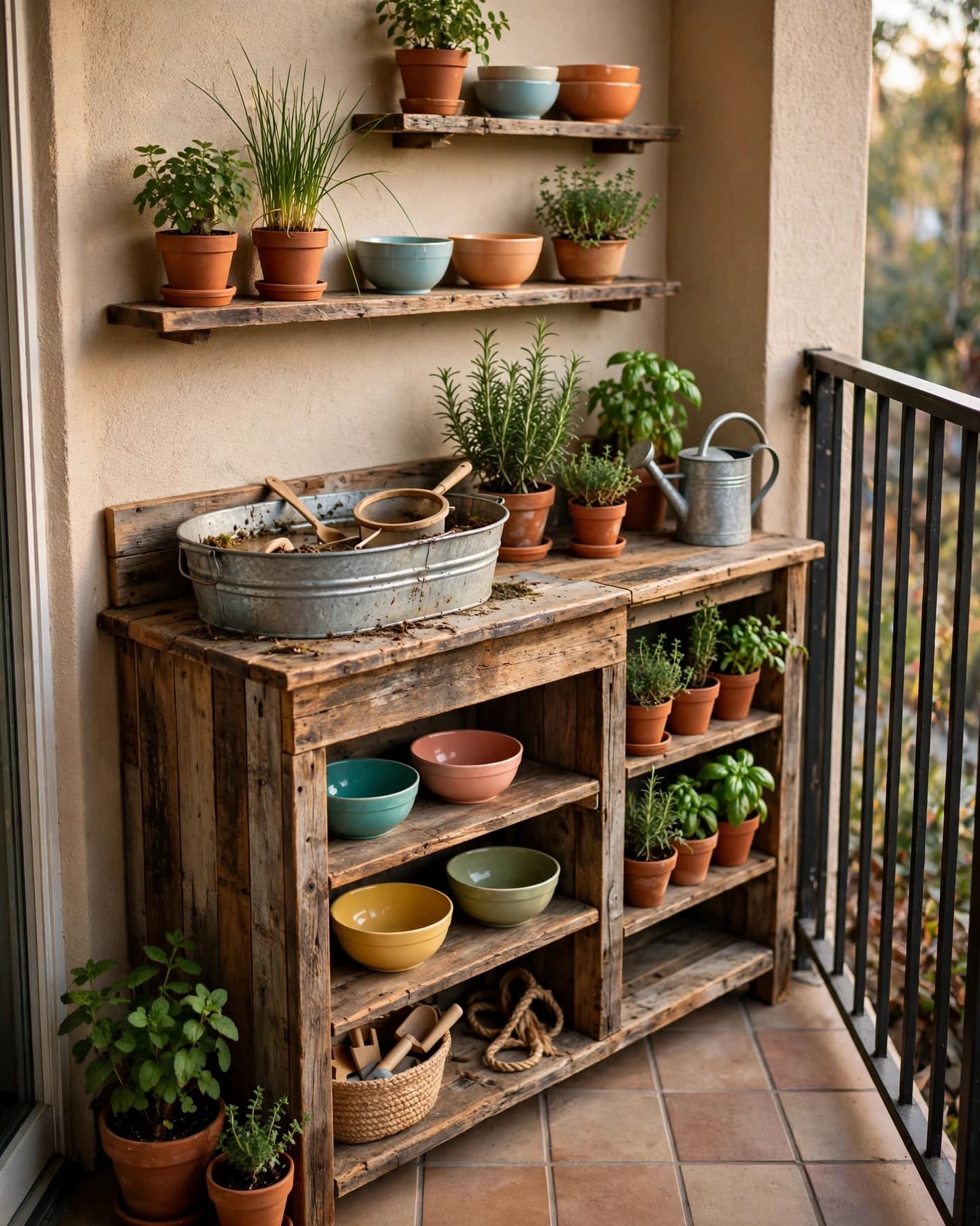 A compact balcony mud kitchen with bowls, herbs, shelves, and a galvanized tub.