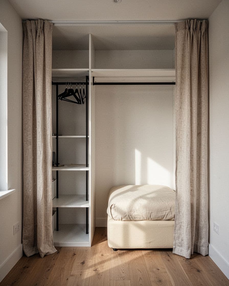 Small bedroom with a clothing rack in a curtained nook beside a cream bed.