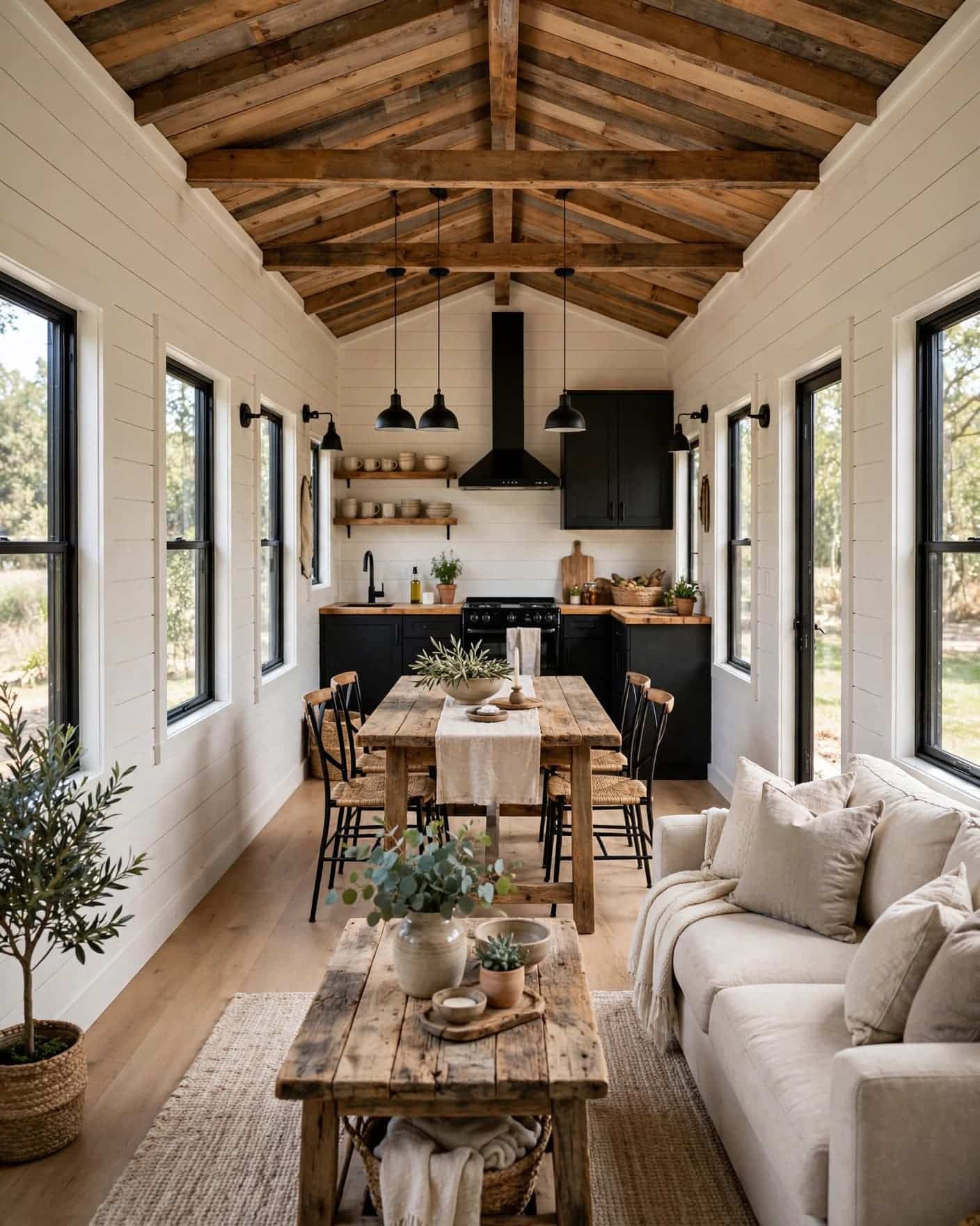 A long farmhouse-style room with a kitchen, wooden dining table, and sofa.