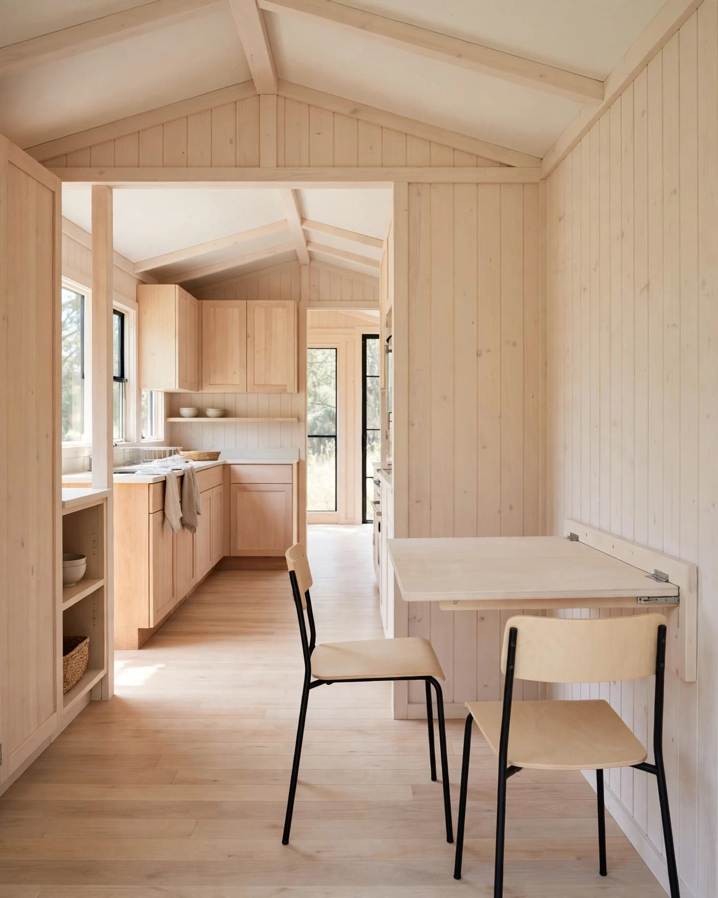 A pale wood dining table and two slim chairs sit beside an open walkway.