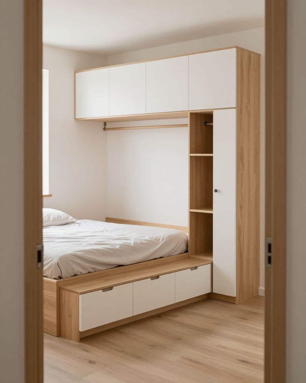 Small bedroom with a raised bed, built-in wardrobe, and storage drawers underneath.