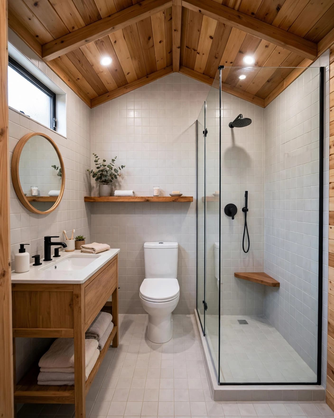 A small tiled bathroom with a glass shower, vanity, toilet, and wood shelf.