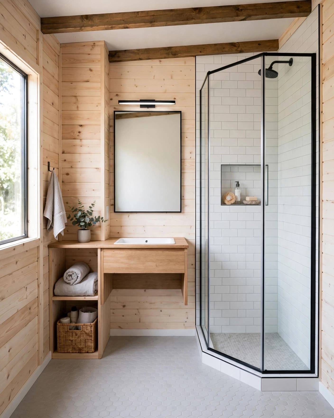 A tiled corner shower and wall-mounted vanity leave the bathroom floor open.