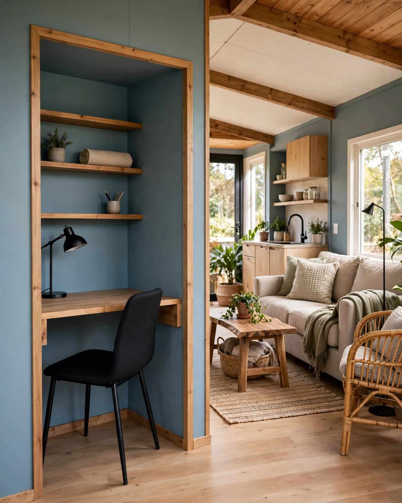 A small desk and chair sit in a blue wall niche beside the living area.