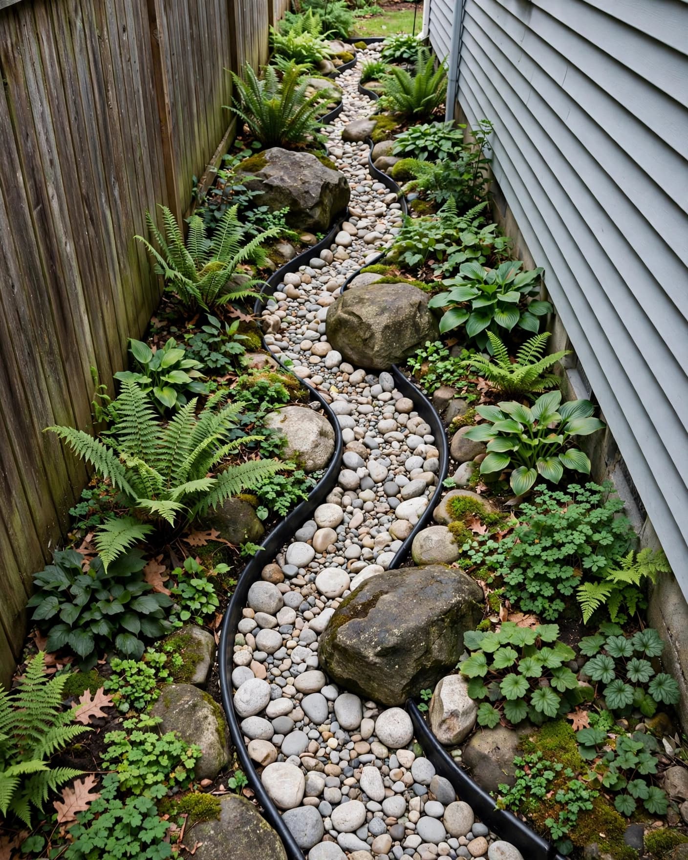 A gravel creek bed with stones, boulders, edging, and plants beside a house.