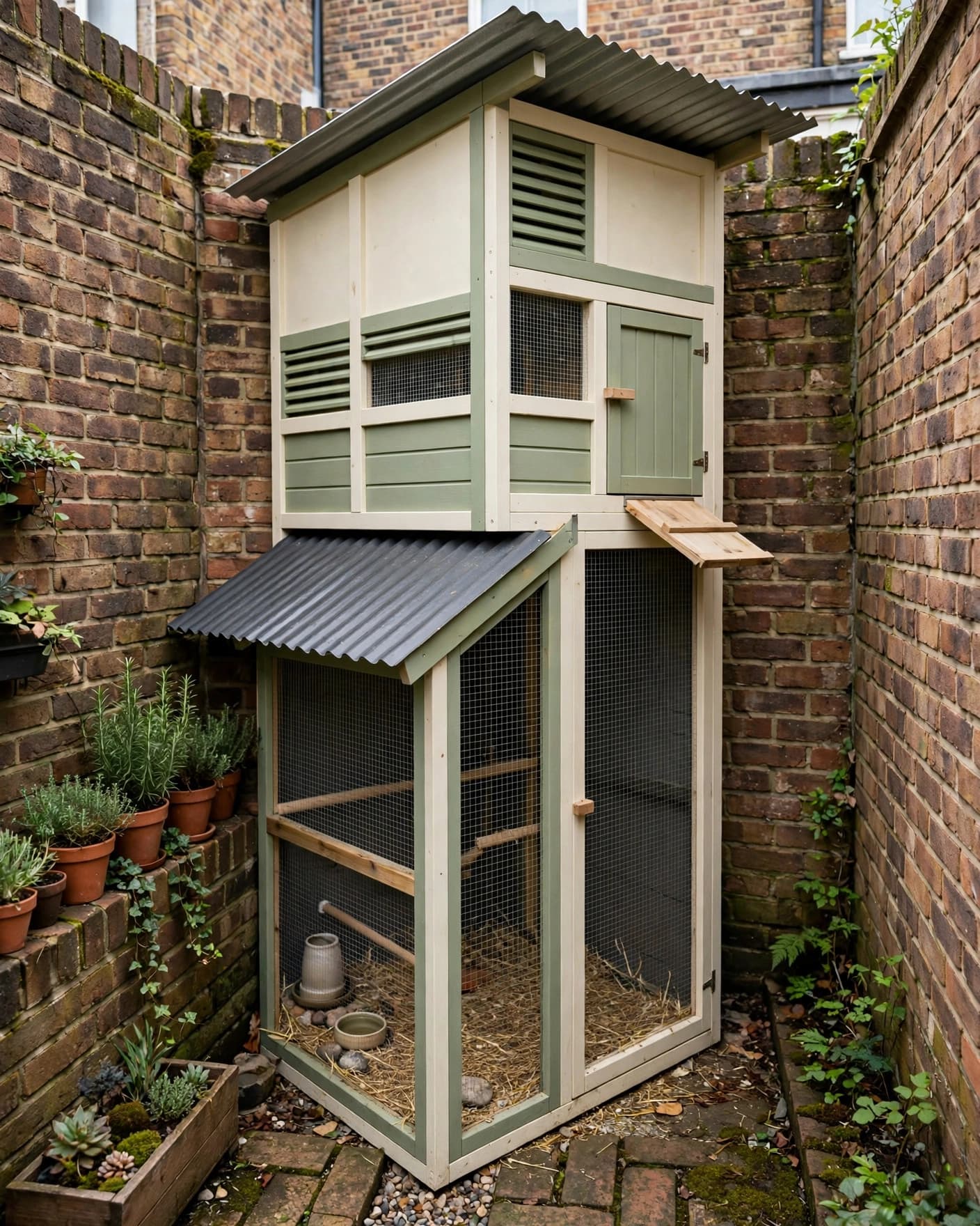 A cream and green chicken coop with a rooftop shelter in a brick backyard.