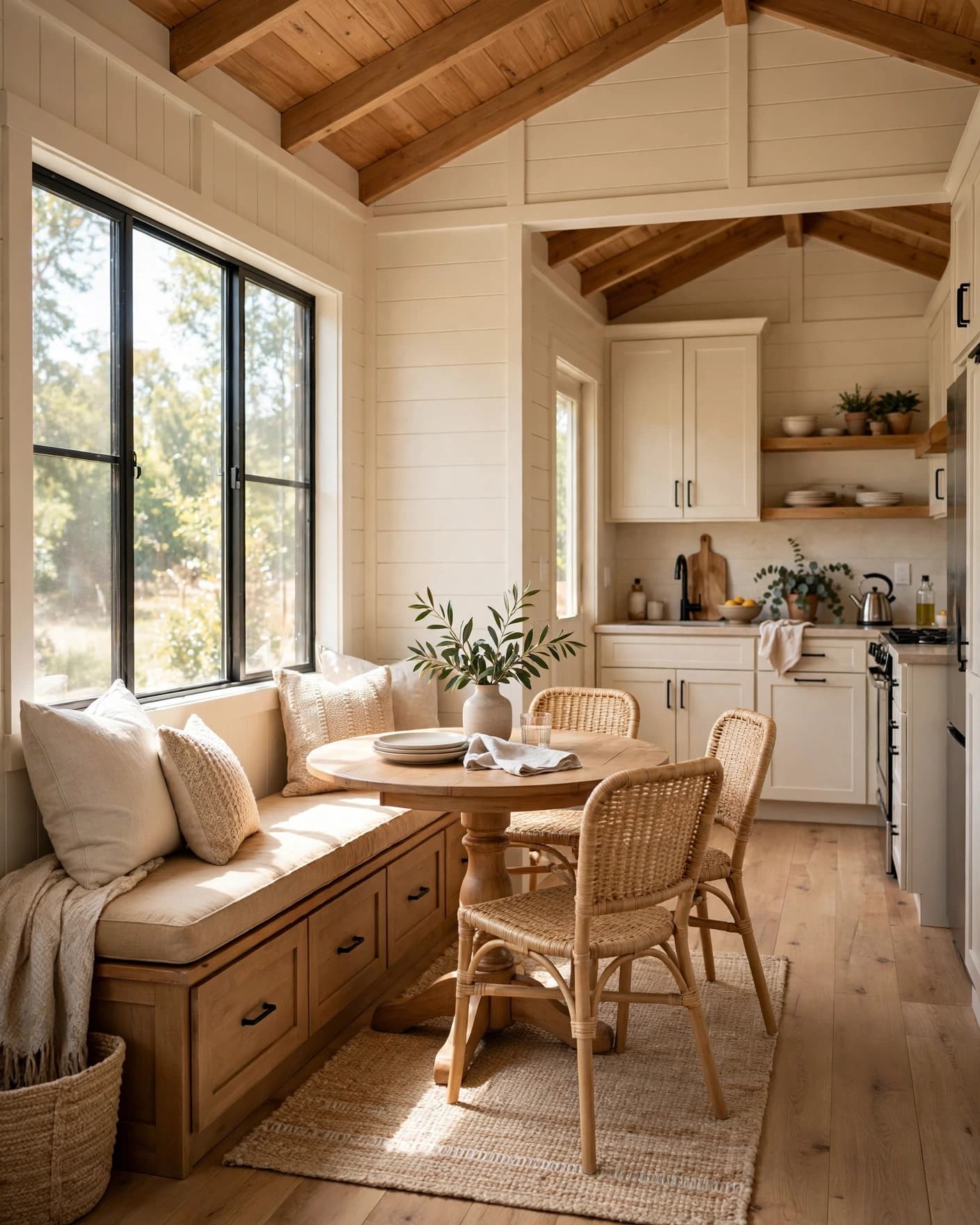 A round table and storage bench sit beside a sunny window near the kitchen.