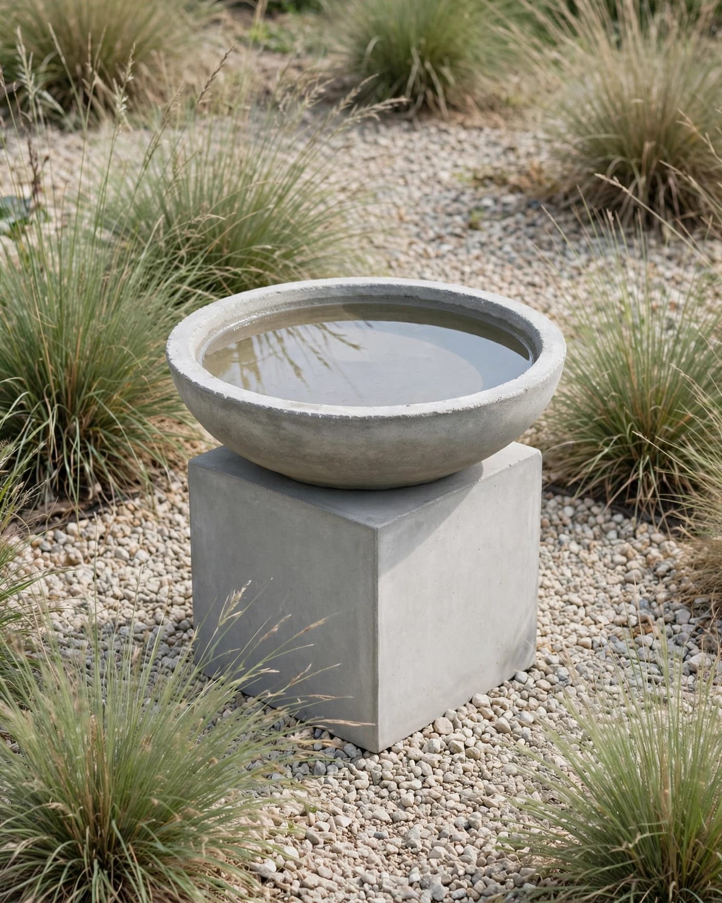 A concrete saucer bird bath on a square block in a gravel garden.