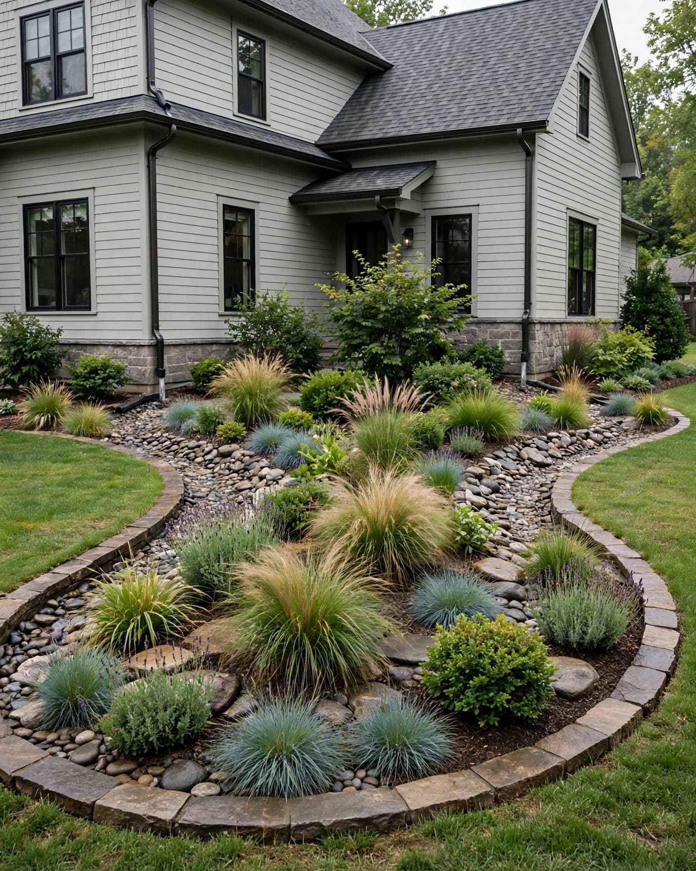 Home downspouts lead into a planted drainage bed with grasses and shrubs.