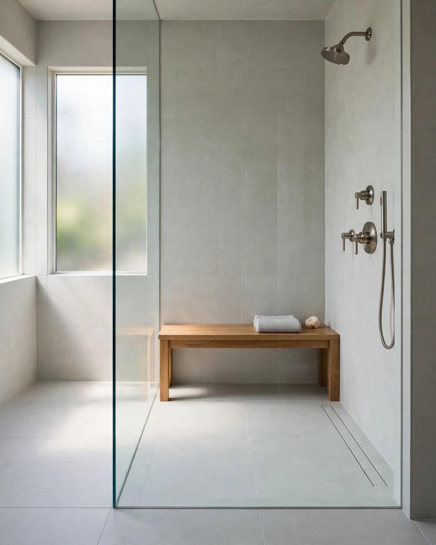 A tiled wet room bathroom with a glass panel, oak bench, and nickel shower fixtures.