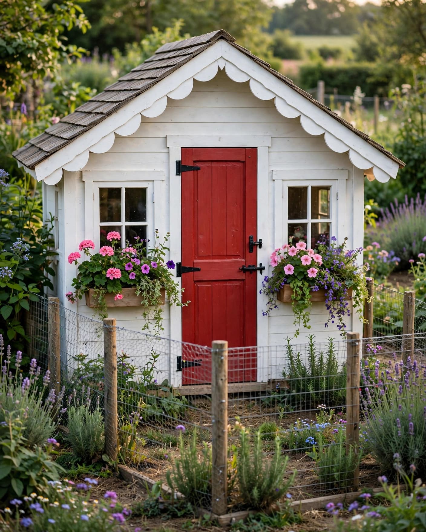 White cottage-style chicken coop with a red door and fenced run in a garden.