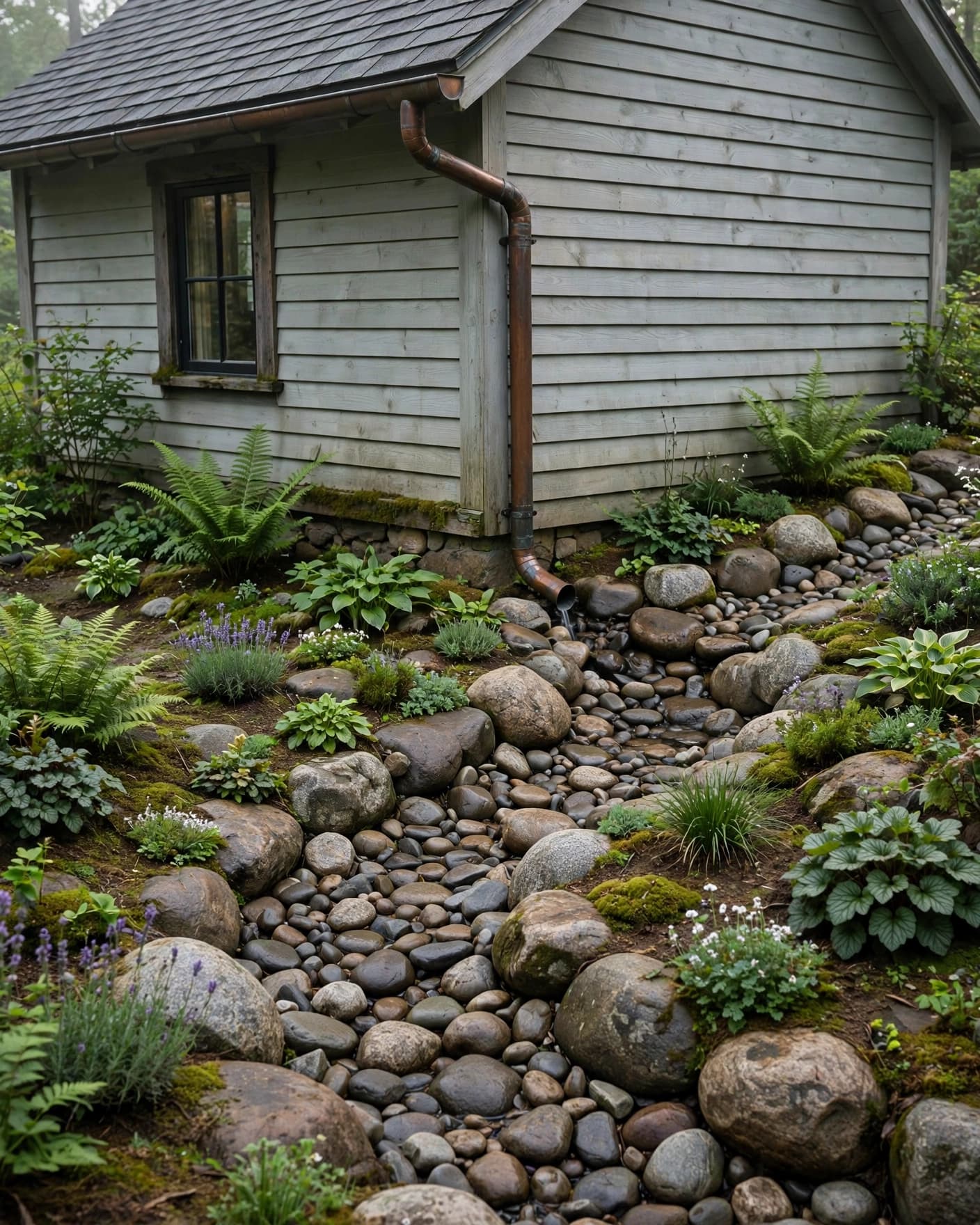 Cottage downspout draining into a rock-lined dry creek bed beside planted borders.