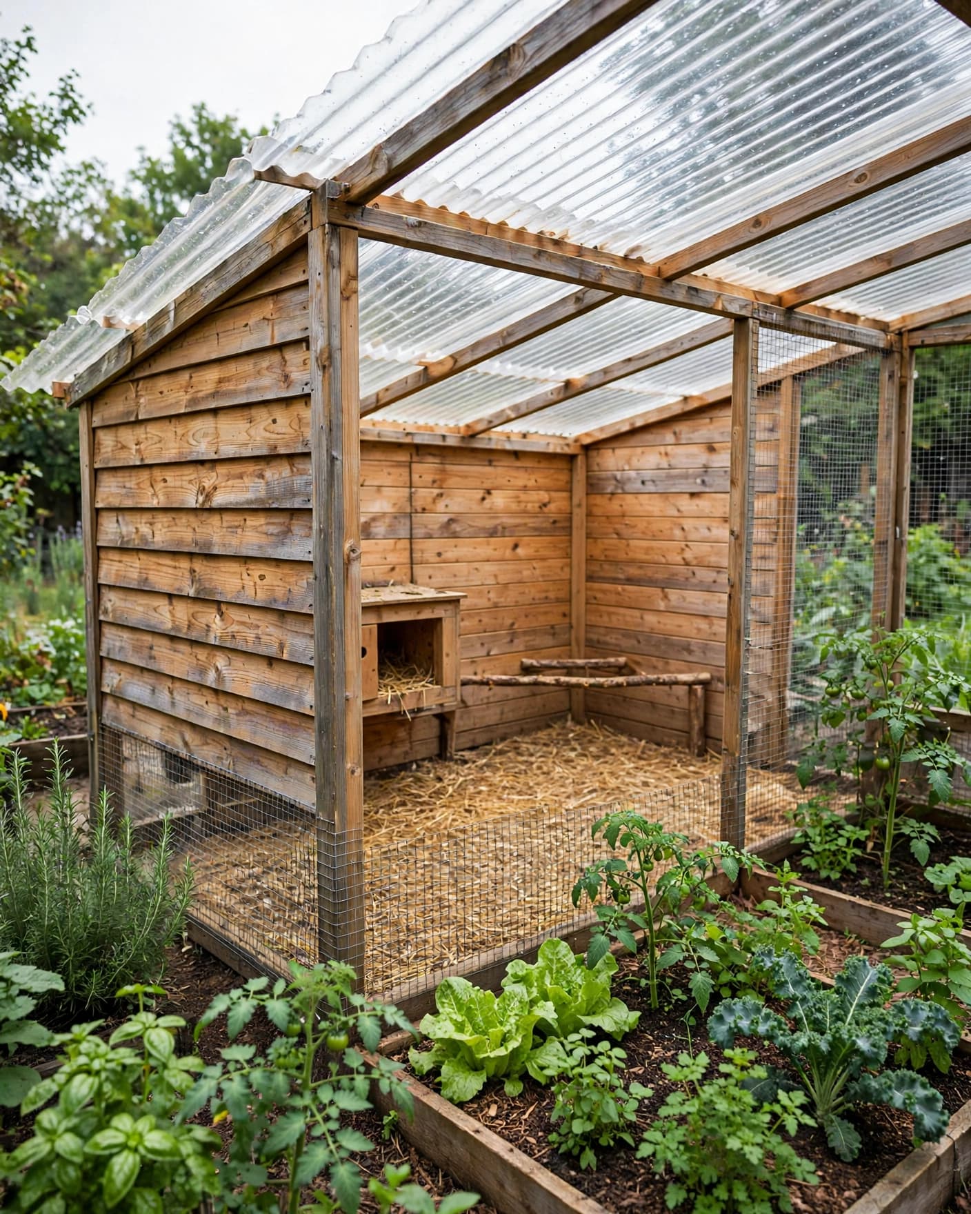 Wooden chicken coop with a clear roofed run beside garden vegetables.