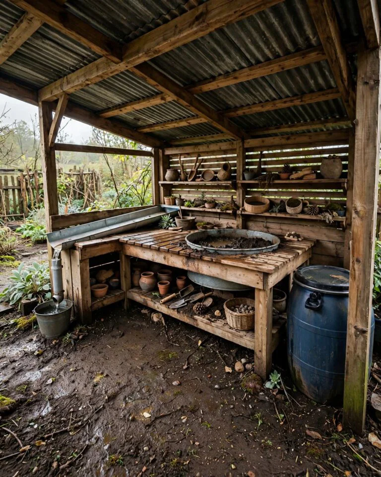 A covered wooden mud kitchen with a basin, gutter, bucket, and wet garden soil.