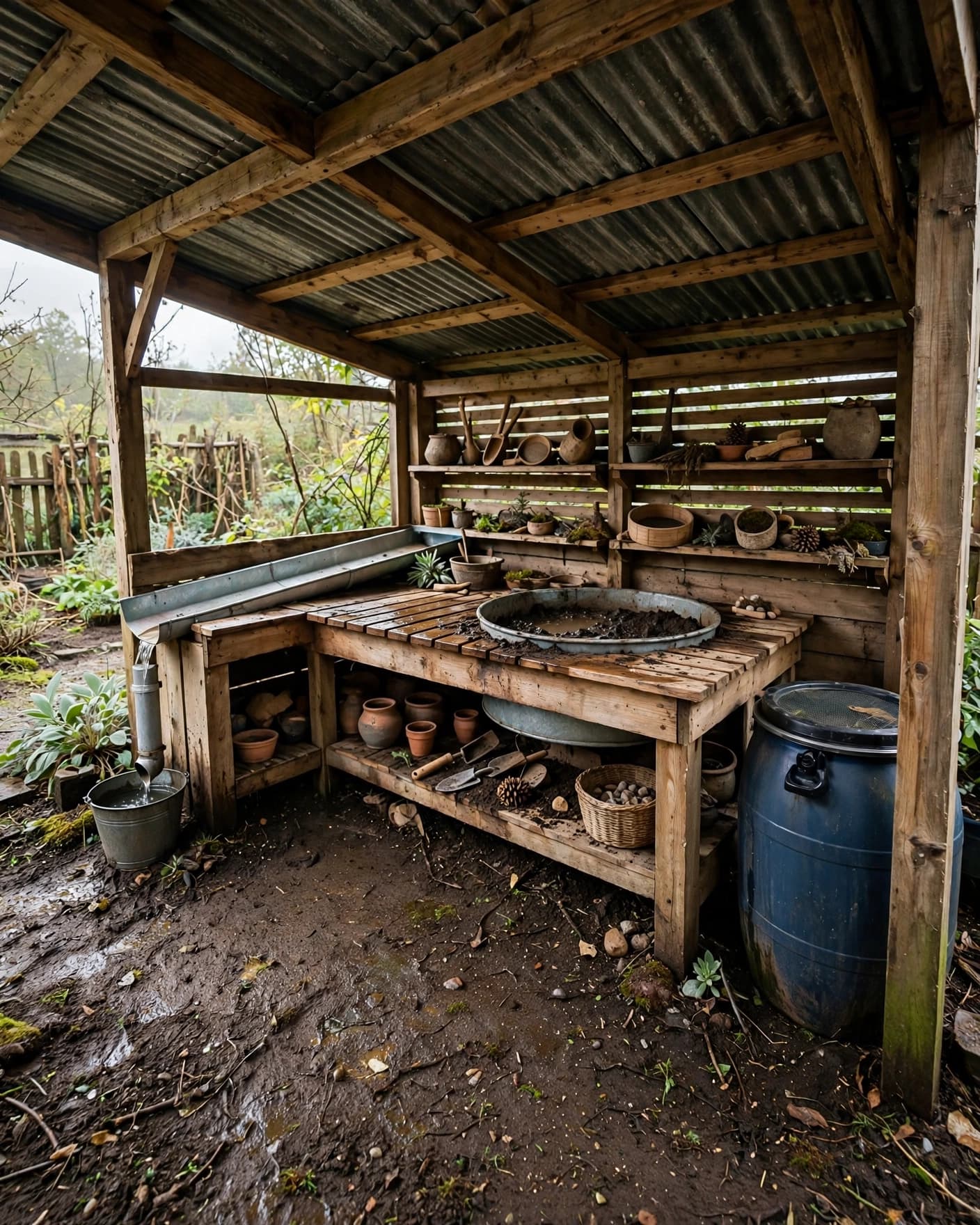 A covered wooden mud kitchen with a basin, gutter, bucket, and wet garden soil.