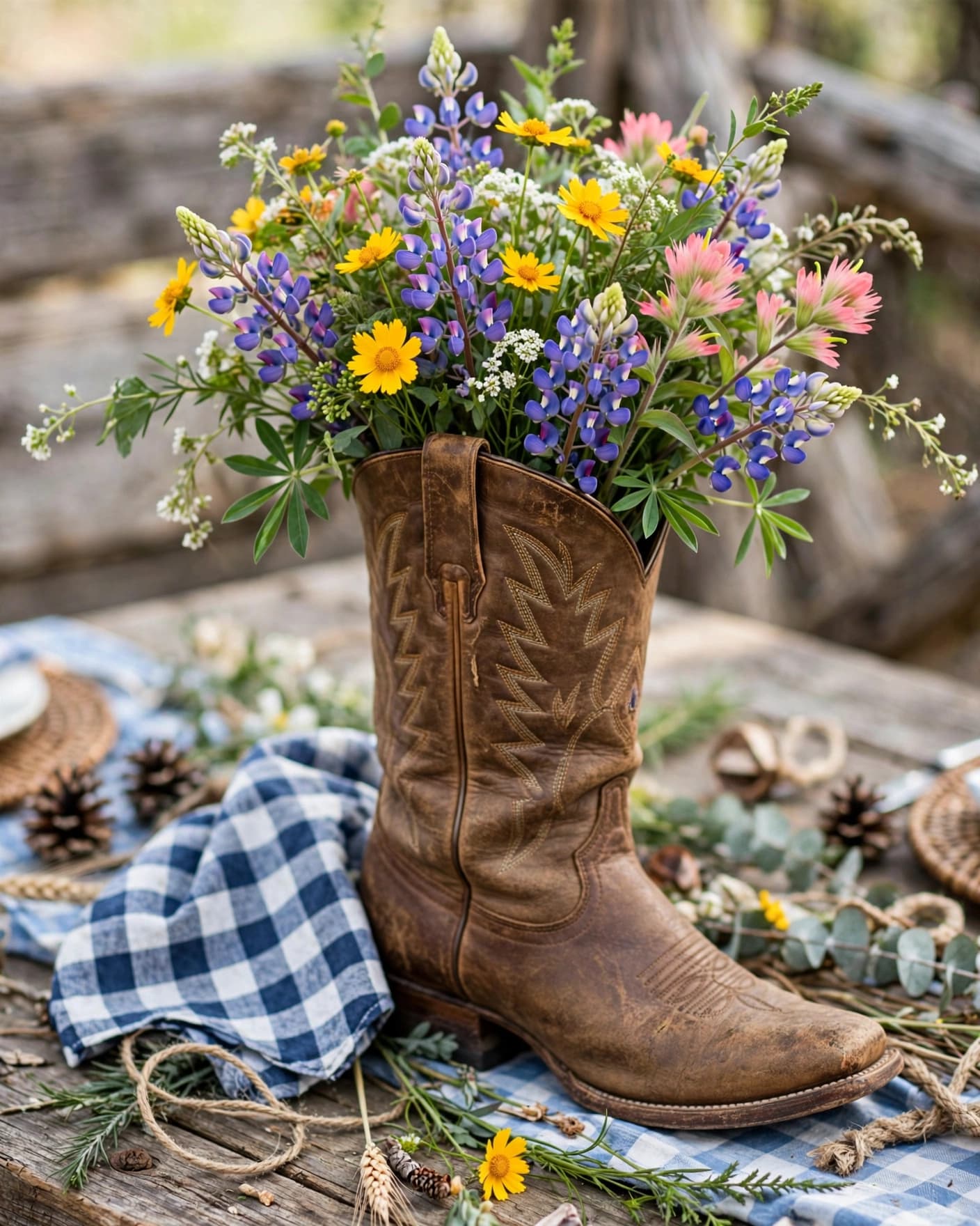 A cowboy boot filled with wildflowers sits on a rustic table.