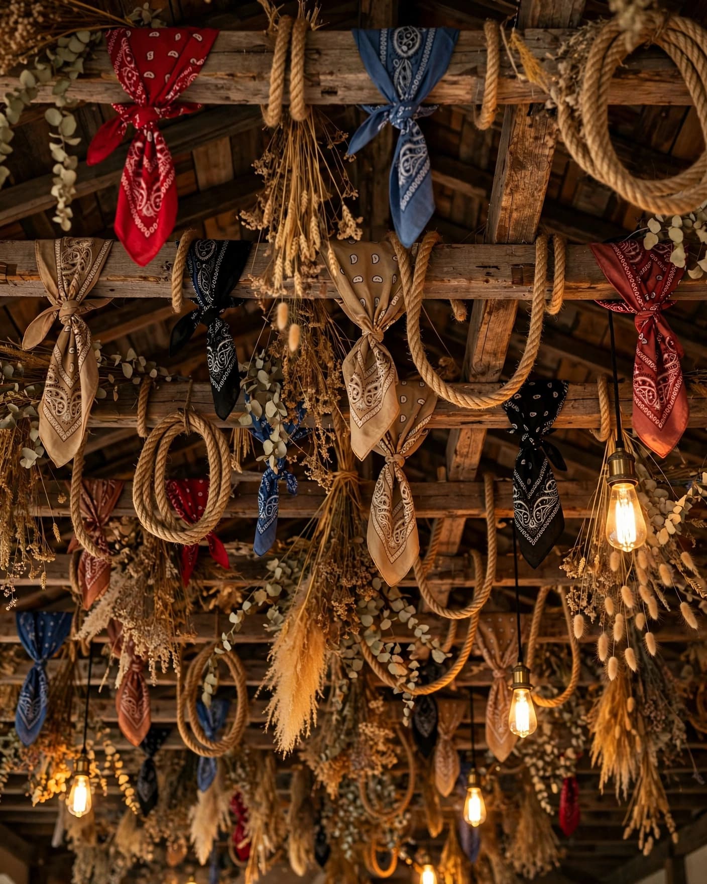 Cowboy party ceiling with bandanas, rope loops, dried grasses, and warm hanging lights.