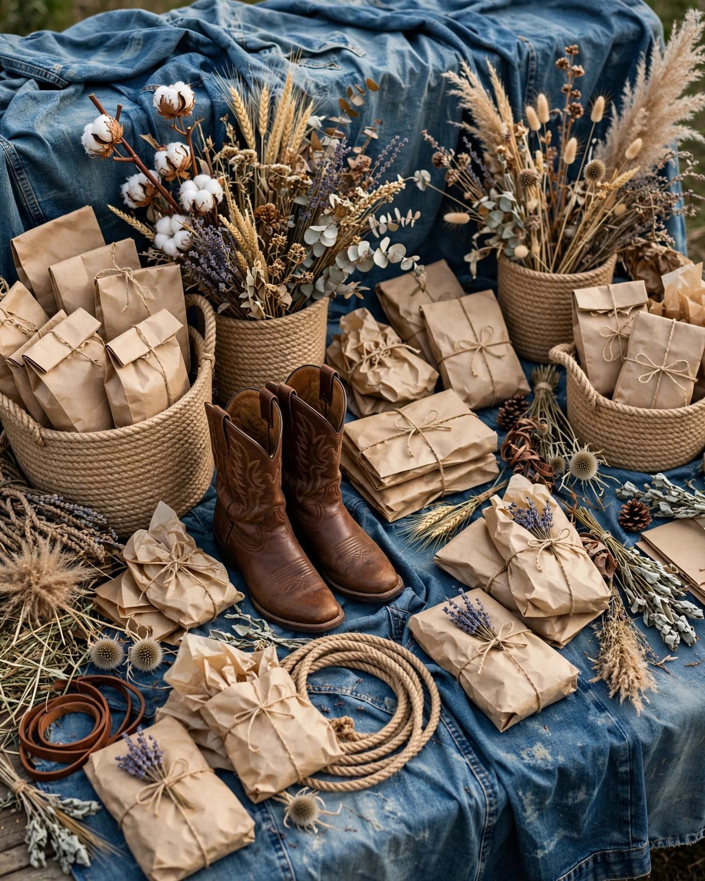 A denim-covered gift table with rope baskets, paper bags, and cowboy boots.