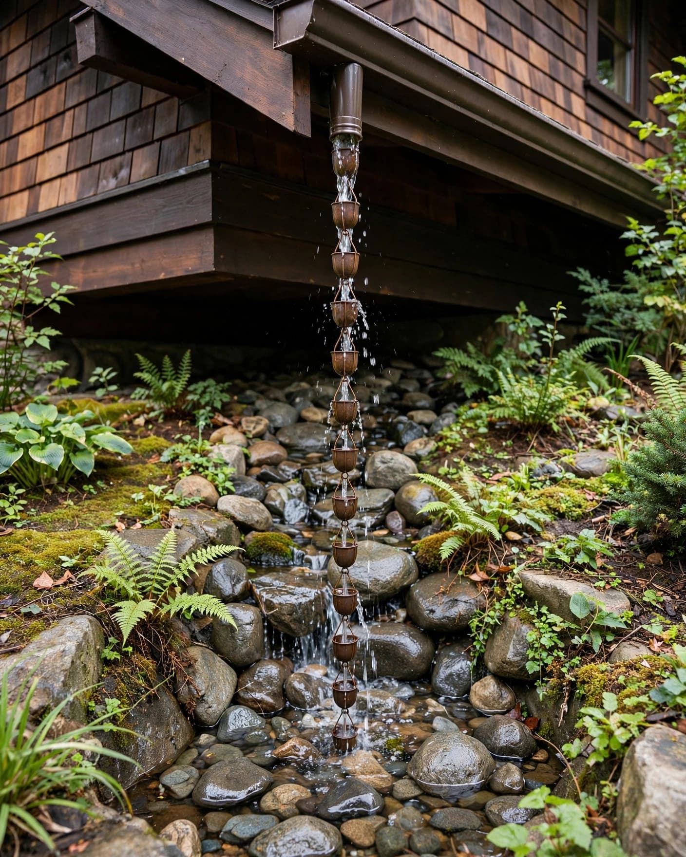 A rain chain carries water into a shallow basin of river rocks beside a Craftsman home.
