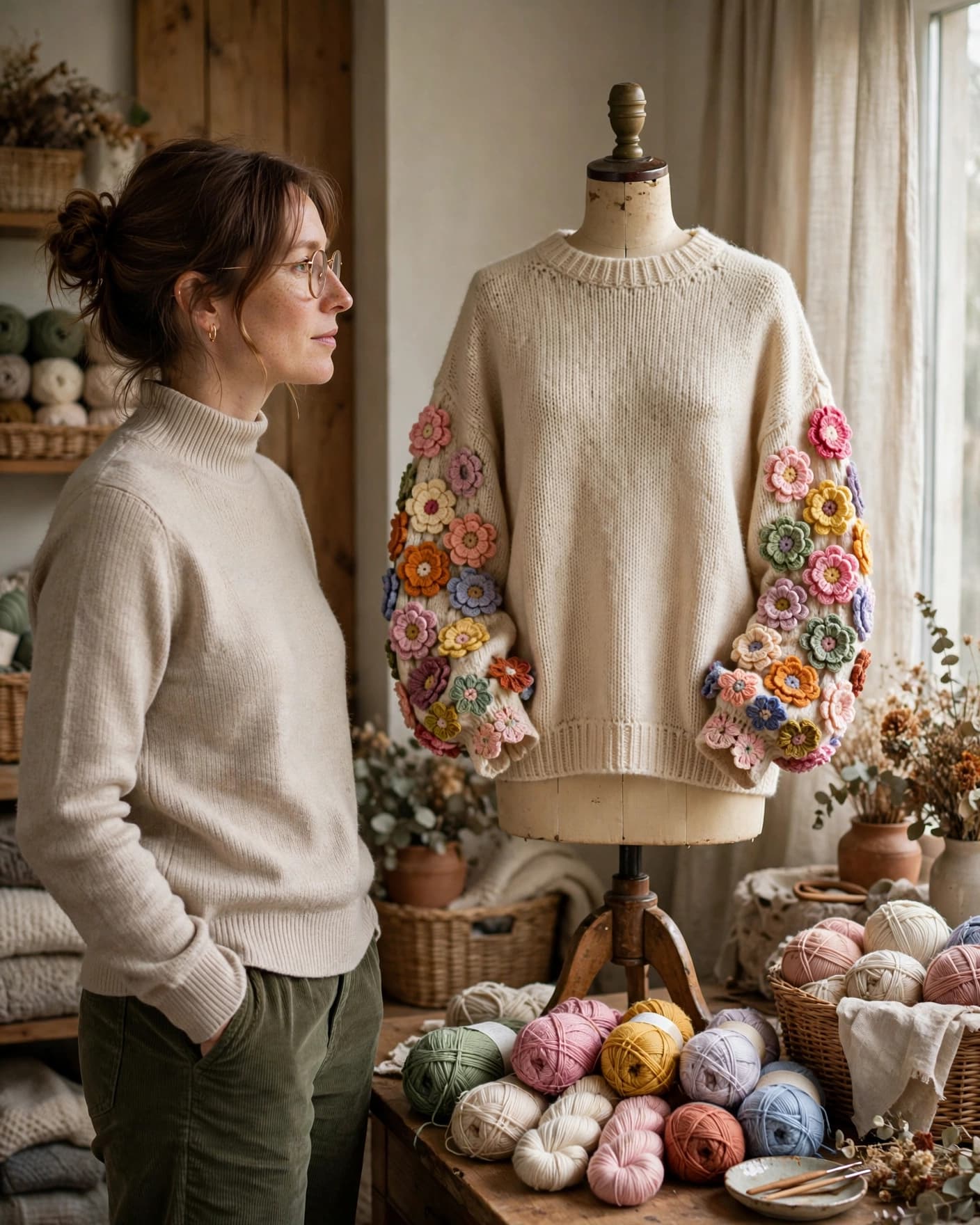 A floral crochet sweater on a dress form beside colorful yarn in a cozy craft room.