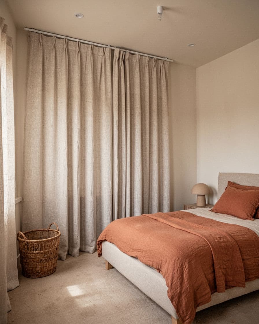 A low bed faces linen curtains covering a closet, with a rattan basket nearby.