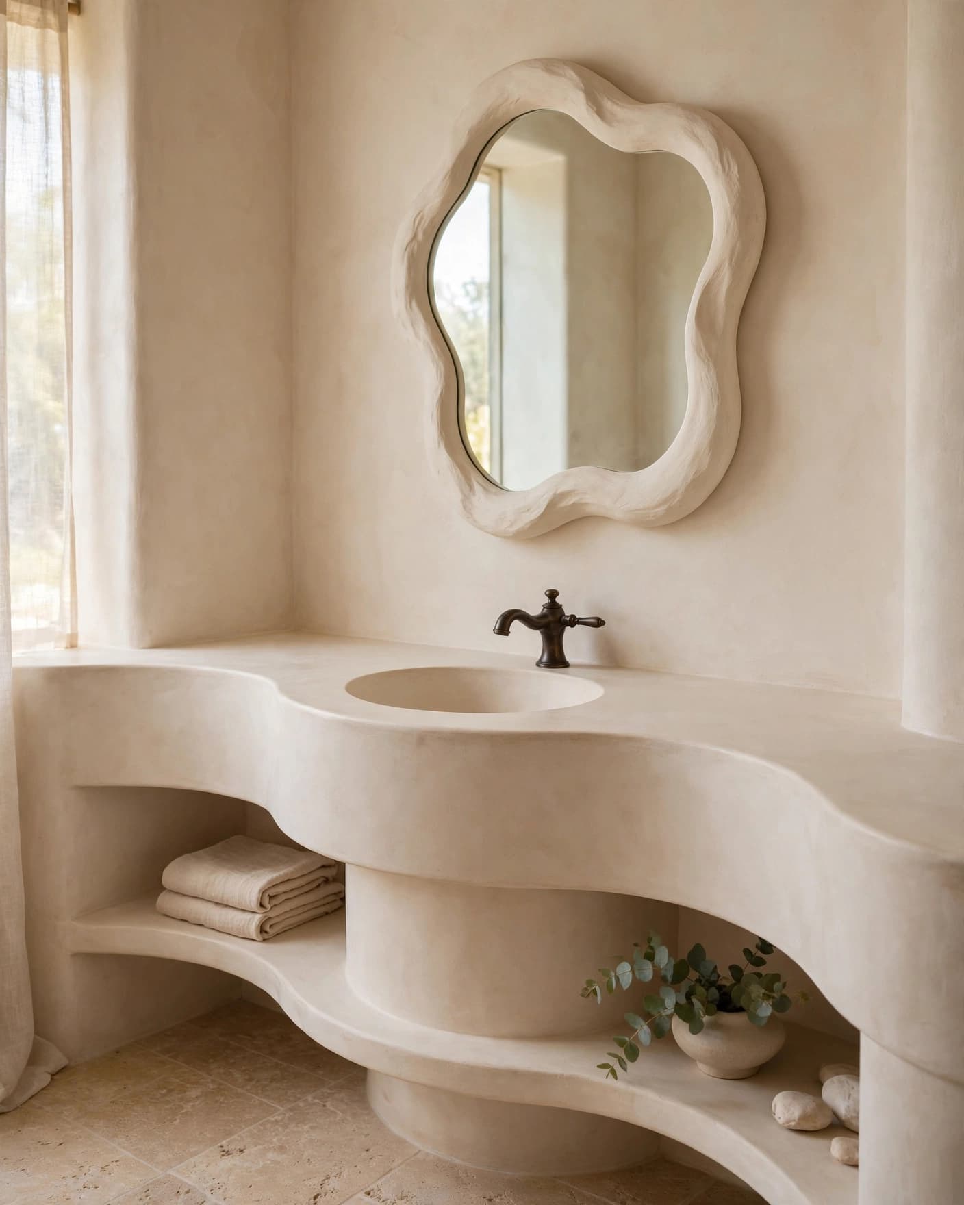Curved cream vanity with a round basin, bronze faucet, and sculptural mirror.