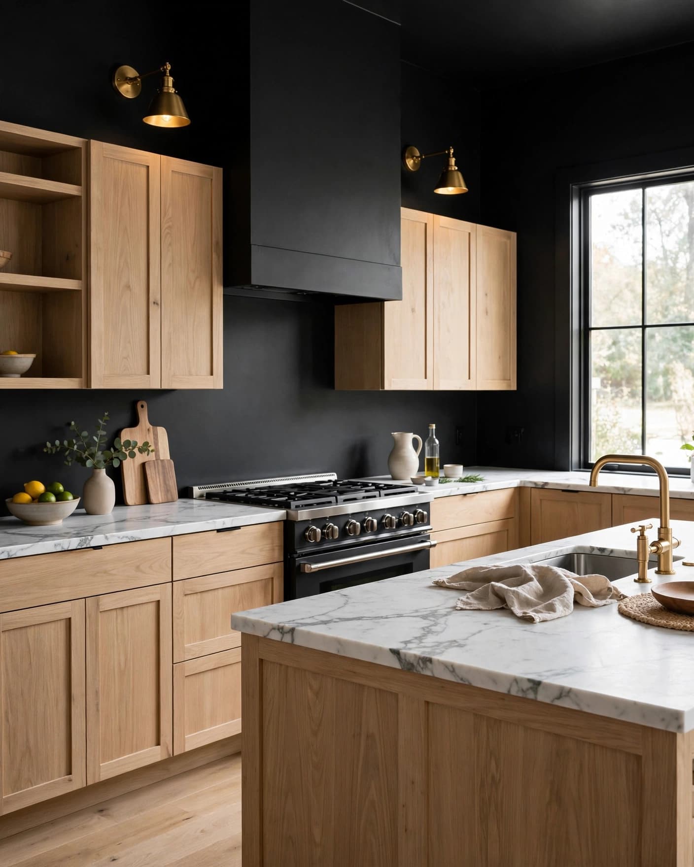 A black kitchen with oak cabinets, marble counters, and brass wall lights.