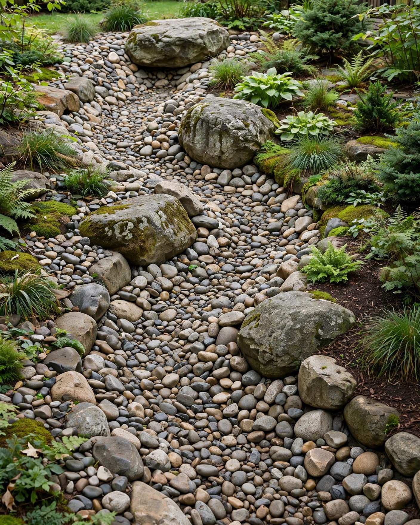 Dry creek bed with river rocks beside a garden border.