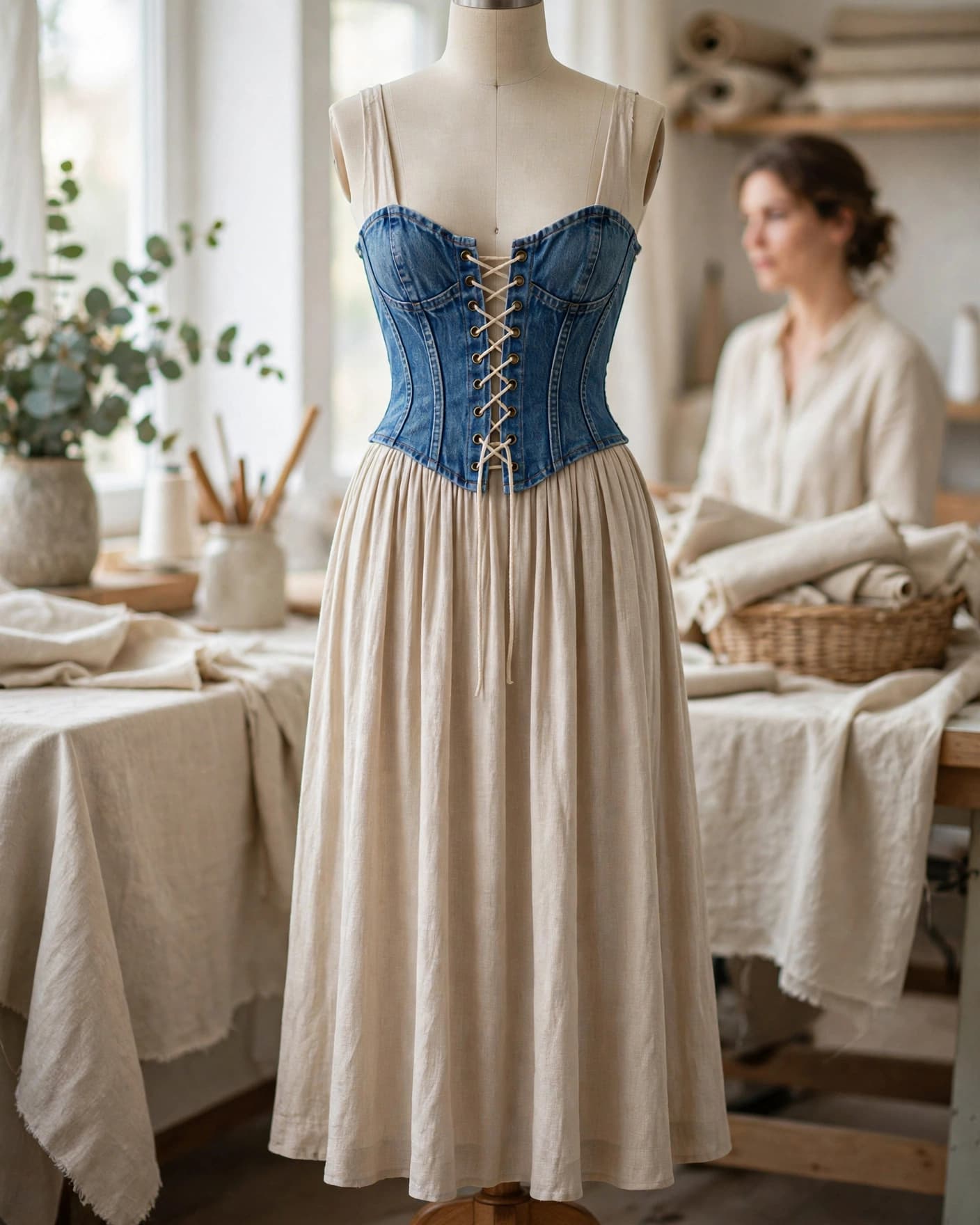 Maxi dress with a denim waist panel displayed on a dress form.