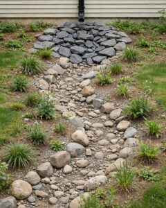Dry creek bed beneath a downspout with river rocks and nearby rain garden plants.