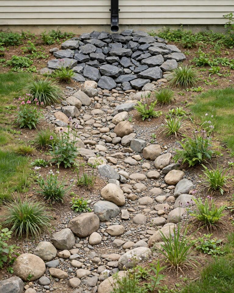Dry creek bed beneath a downspout with river rocks and nearby rain garden plants.