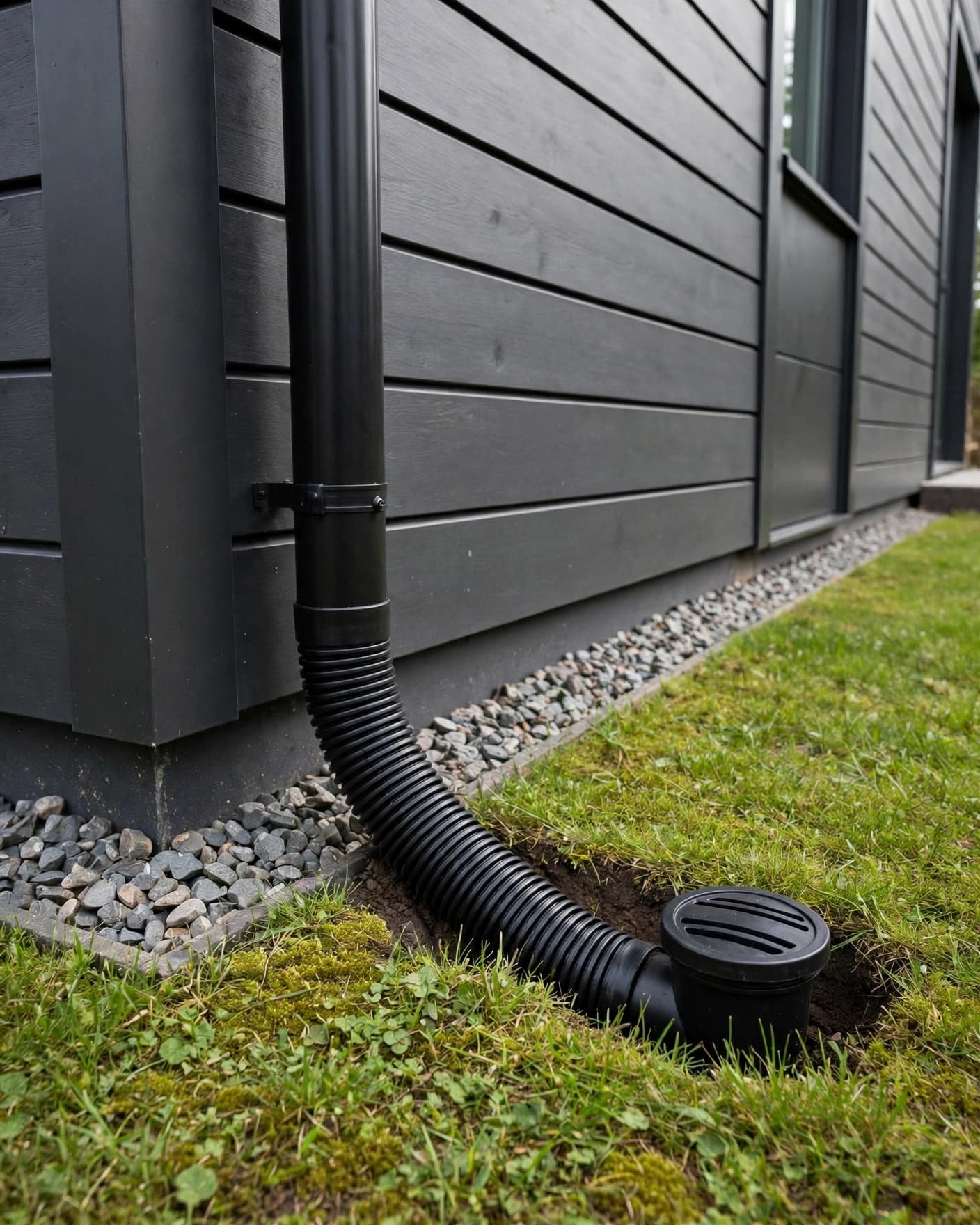 Modern house downspout leading to a pop-up lawn drain emitter.