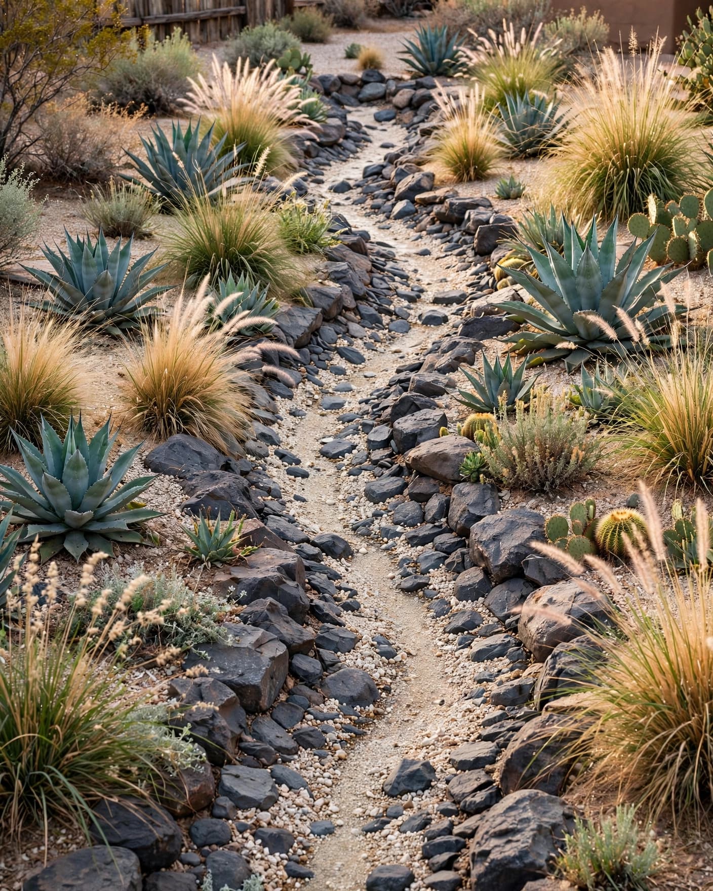 A gravel creek bed bordered by agave-like plants and ornamental grasses in a sunny backyard.