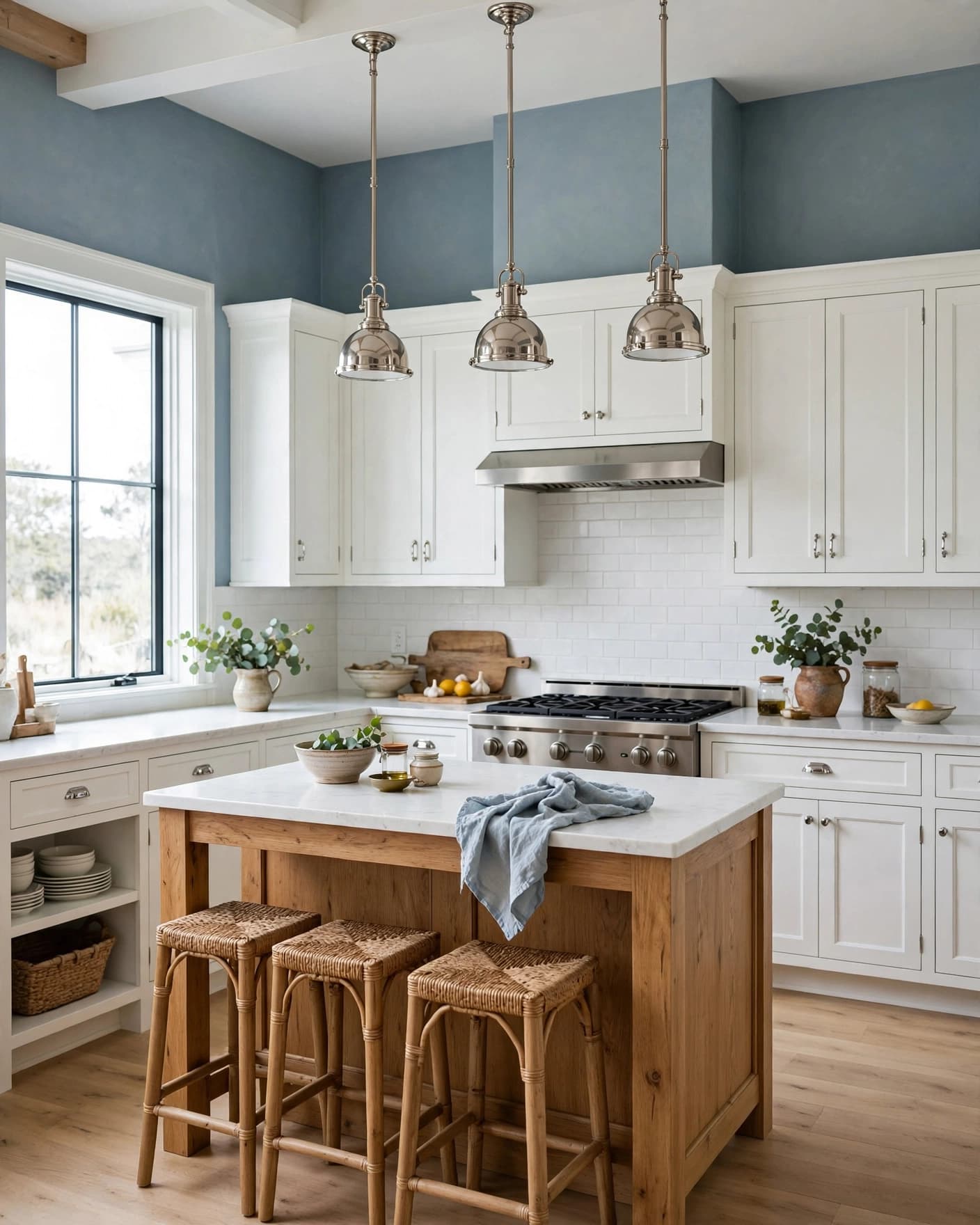 Kitchen with dusty blue walls, white cabinets, and a natural wood island.
