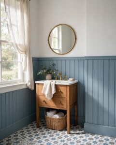 Farmhouse bathroom with dusty blue beadboard, an oak vanity, and patterned floor tiles.