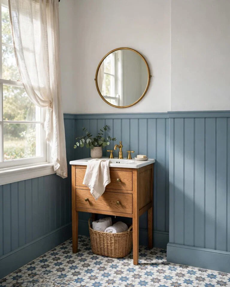 Farmhouse bathroom with dusty blue beadboard, an oak vanity, and patterned floor tiles.