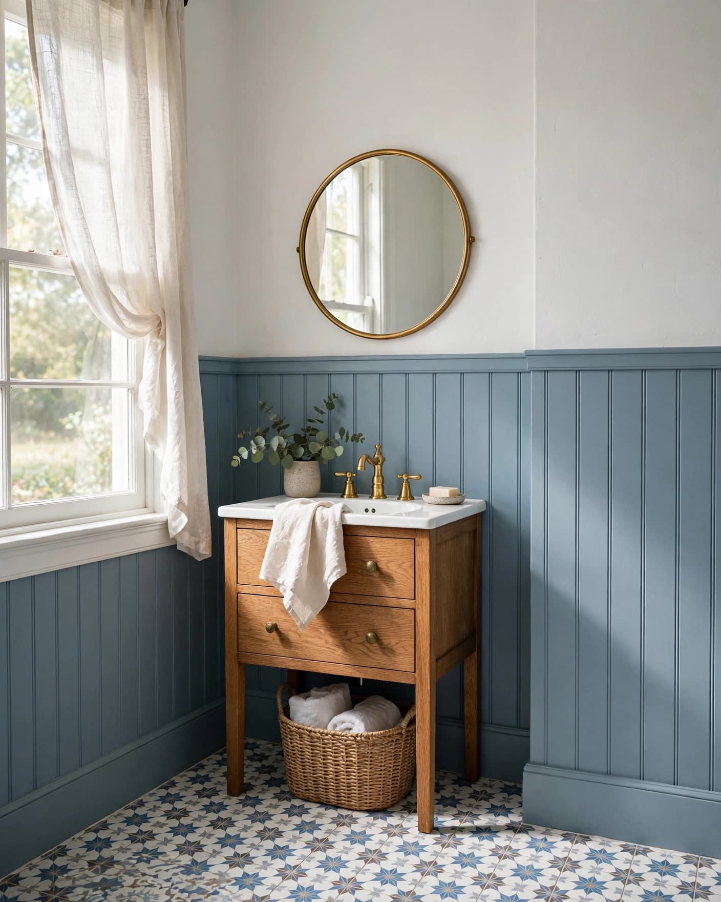 Farmhouse bathroom with dusty blue beadboard, an oak vanity, and patterned floor tiles.