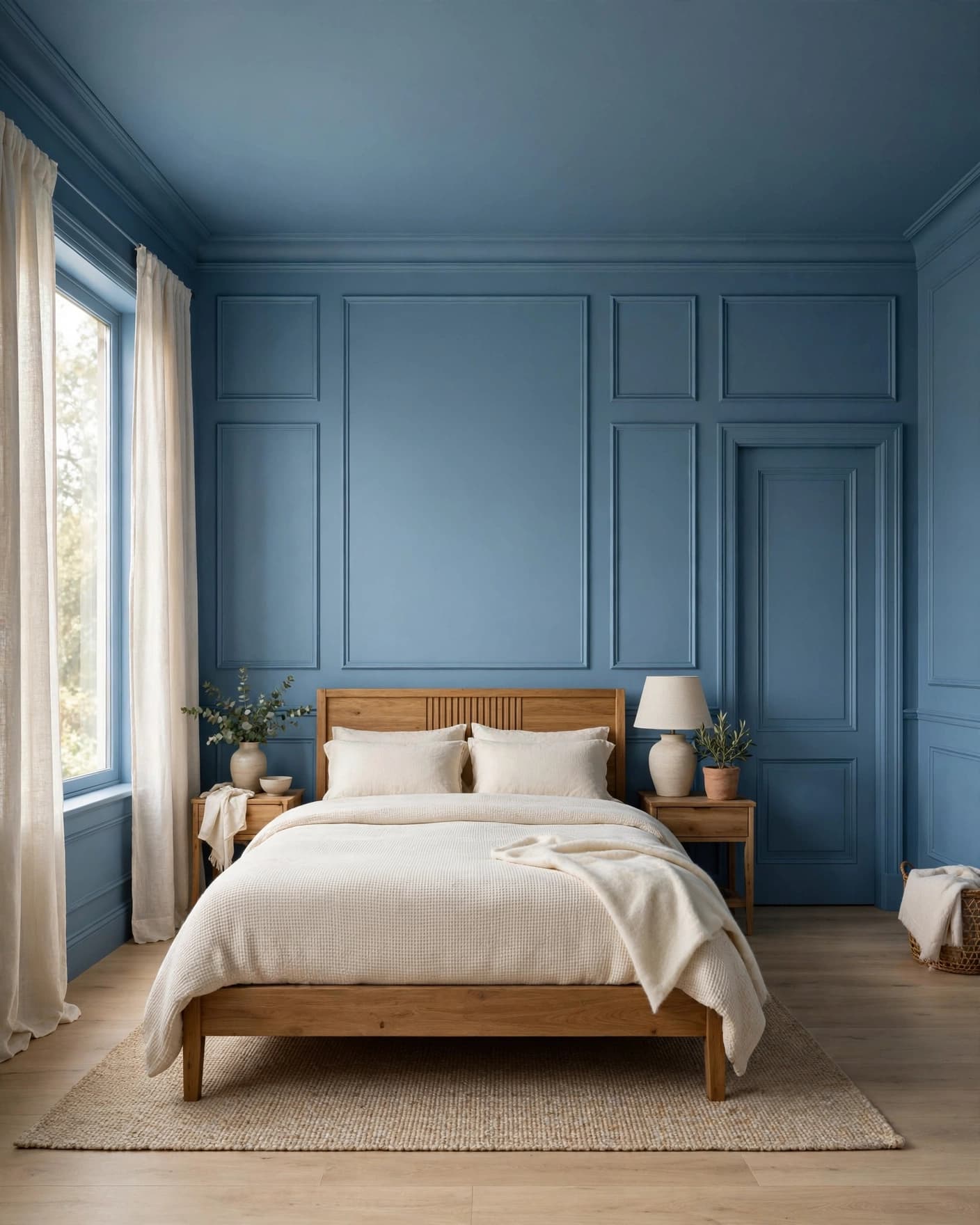 A wood bed with cream bedding sits against dusty-blue paneled walls.