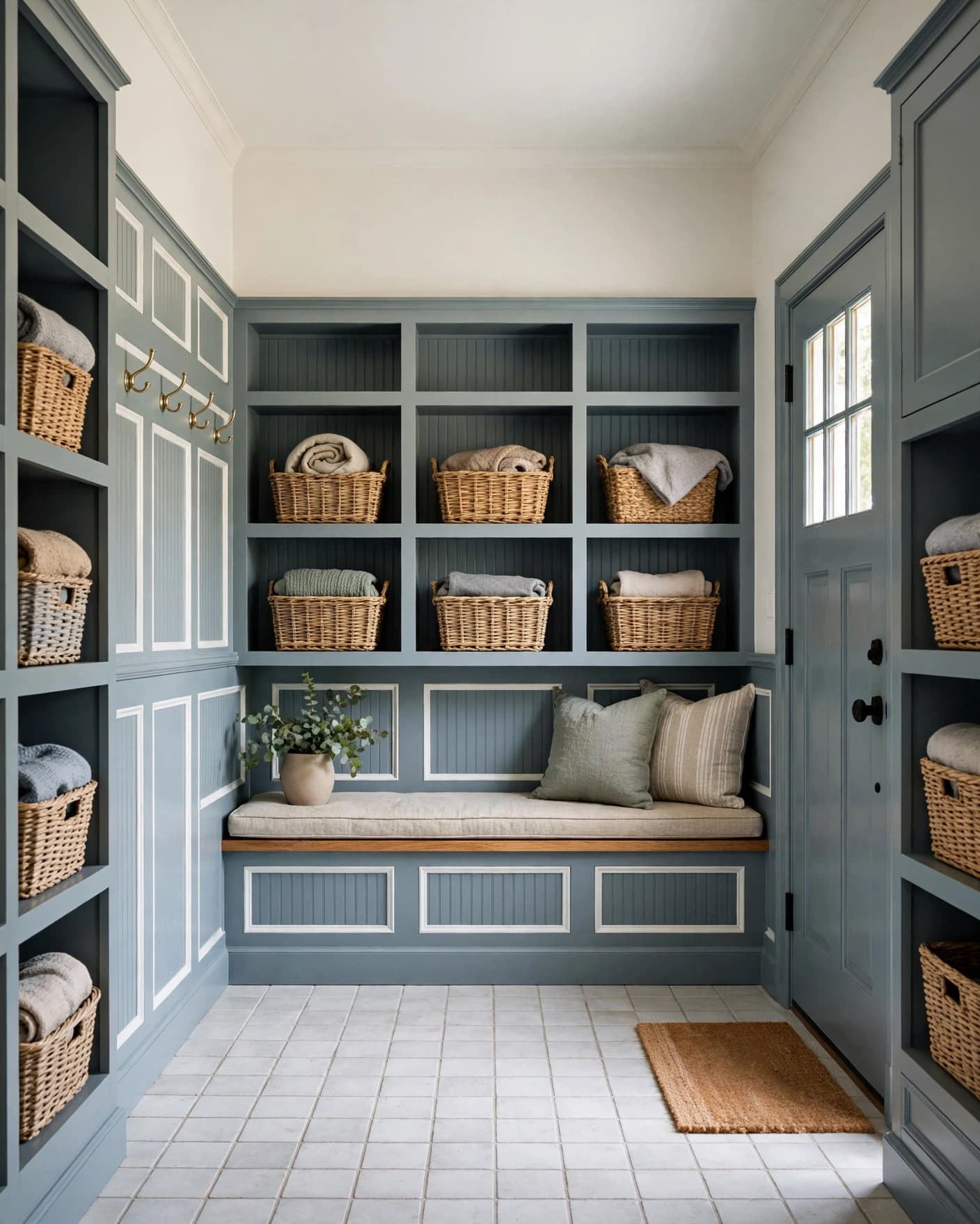 A blue mudroom with paneled walls, built-in cubbies, a bench, and baskets on a tile floor.