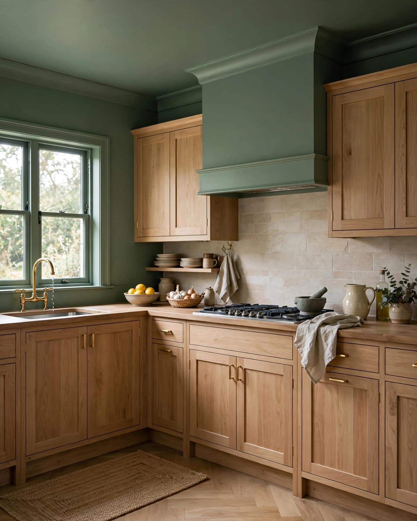Light oak cabinets in a kitchen surrounded by dusty green walls and ceiling.