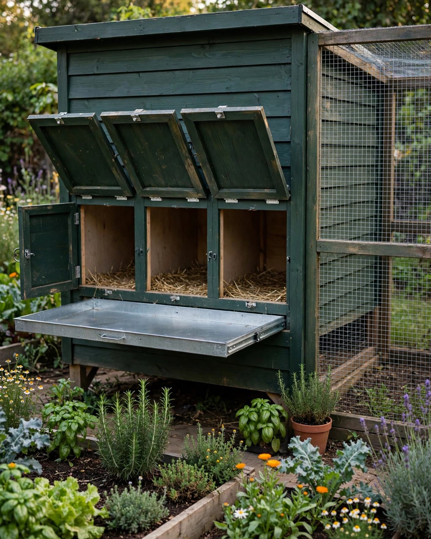 Green chicken coop with open nesting boxes and a removable tray beside a wire run.