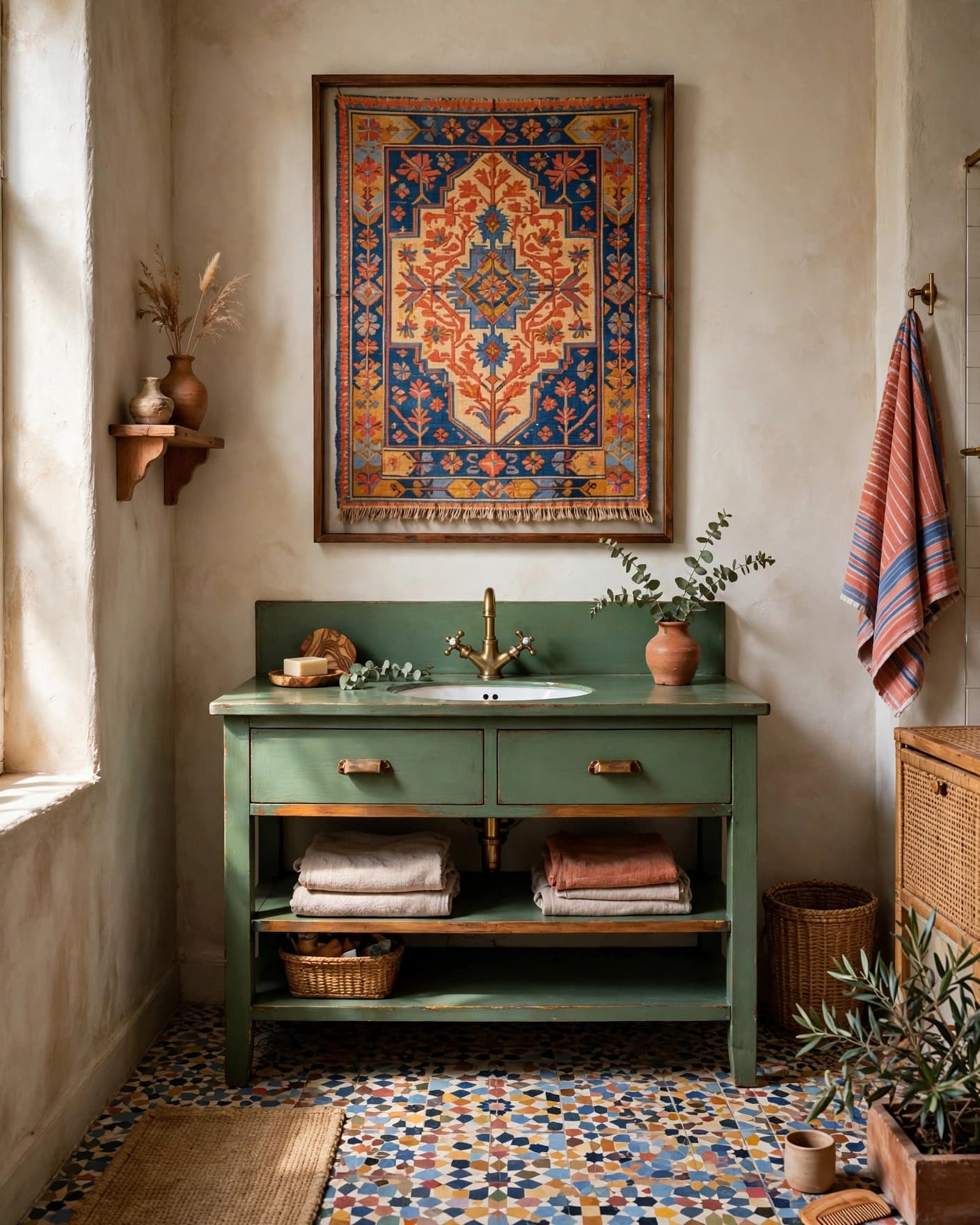 Colorful bathroom with a framed textile above a painted vanity and patterned tile floor.