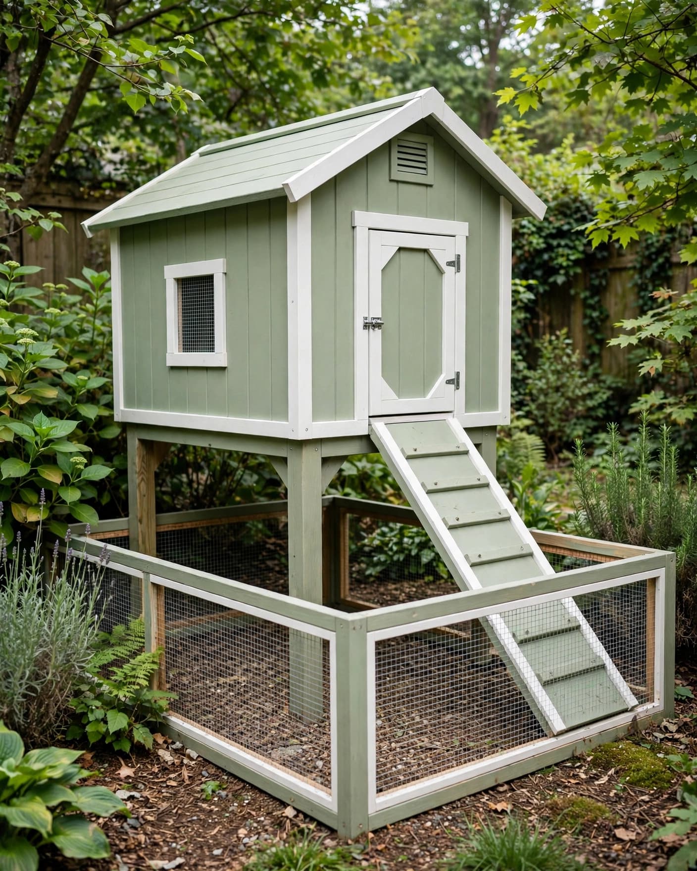An elevated green chicken coop with a ramp and enclosed run in a leafy backyard.