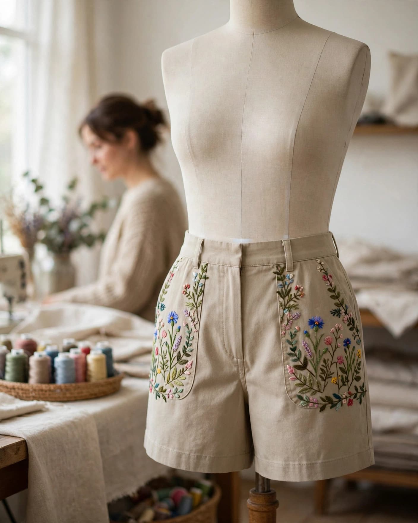 Neutral shorts with colorful botanical embroidery displayed on a dress form.