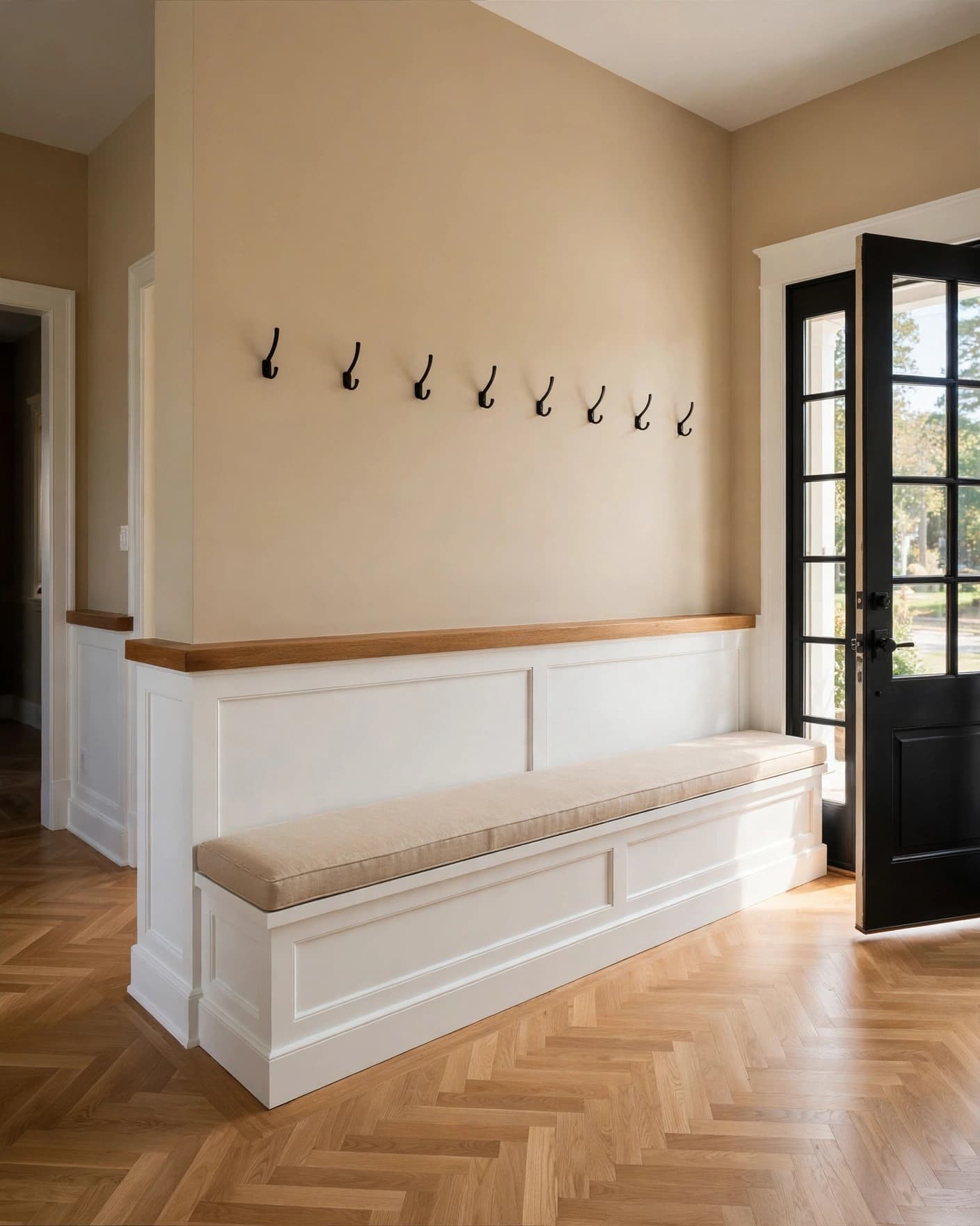 An entryway with white wainscoting, a wide ledge, a bench, and empty coat hooks.