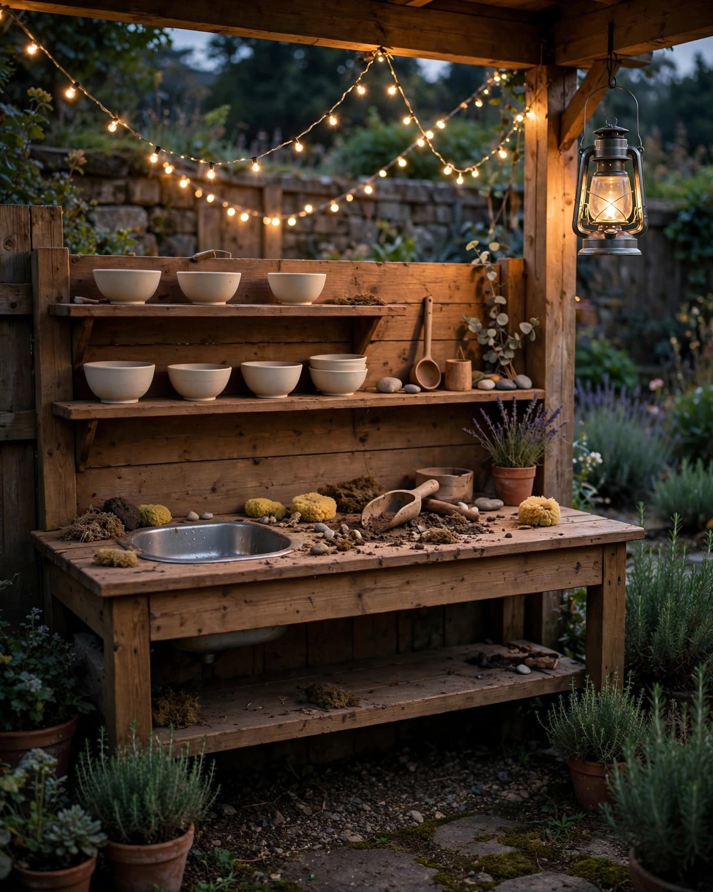 A wooden mud kitchen with bowls and warm lights in a dusky garden.