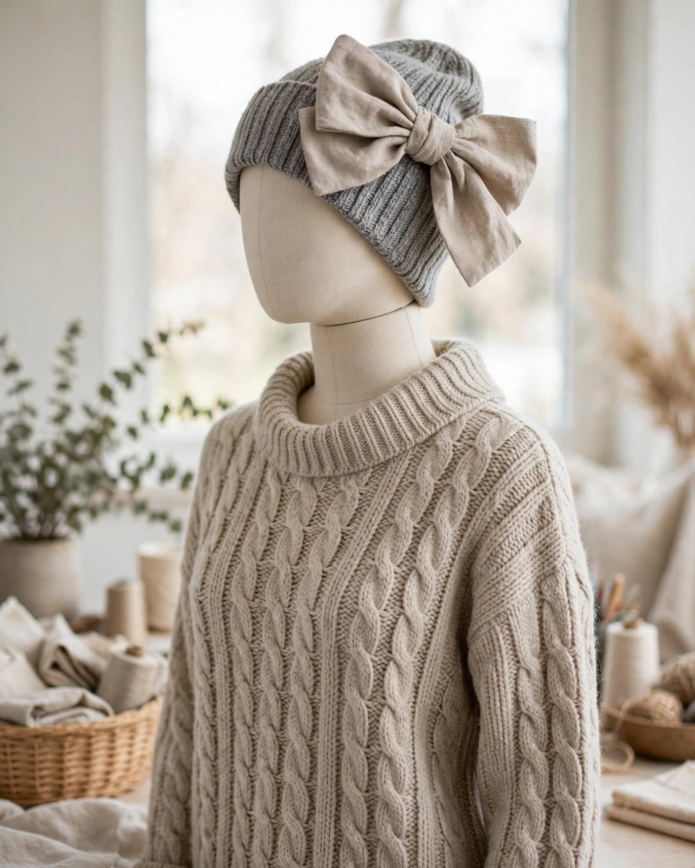 A knit beanie with a wide fabric bow on a dress form in a bright studio.